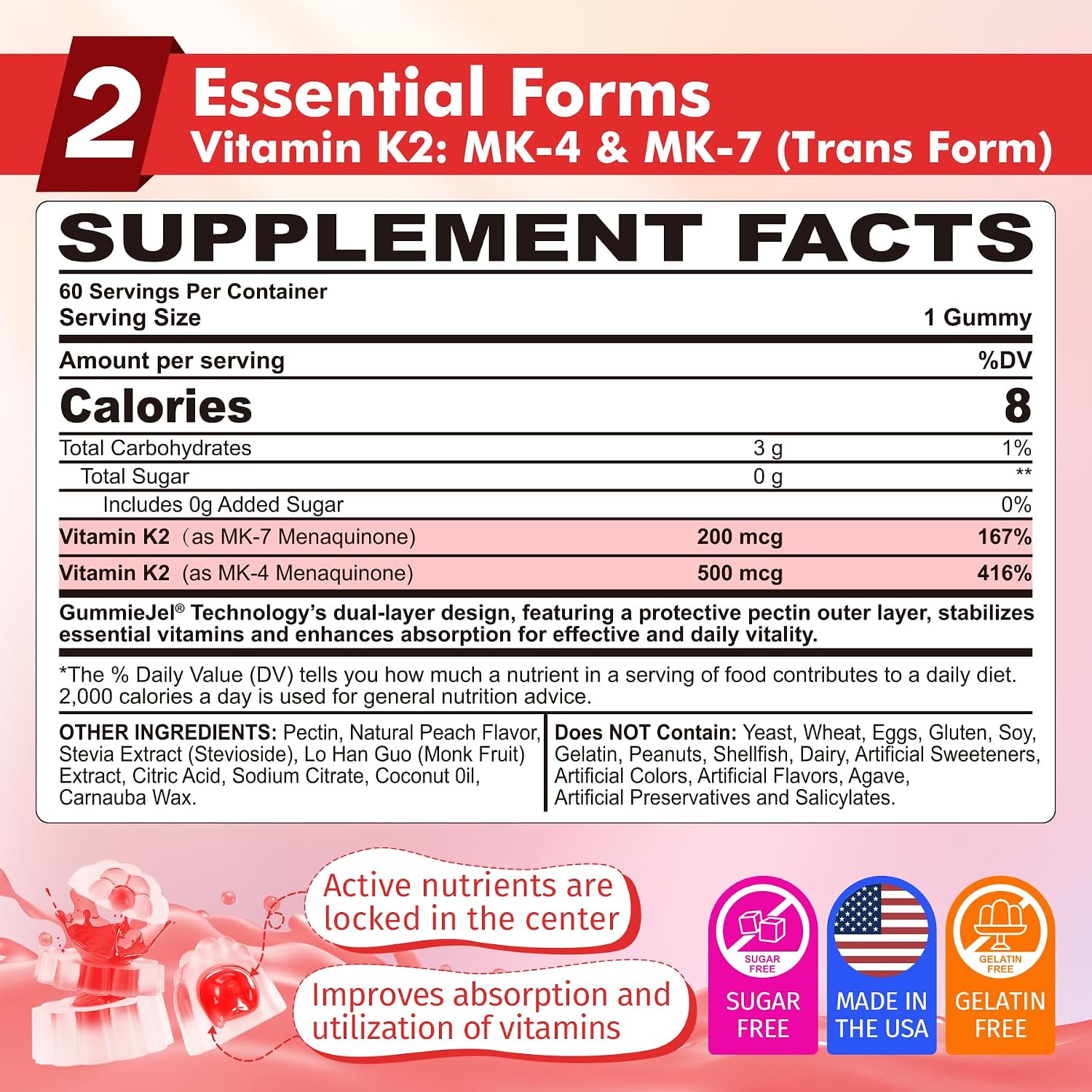 Nextdia Vitamina K2 Gominolas MK-7 200 mcg y MK-4 500 mcg - Full Spectrum Sin Azúcar - Pack de 2
