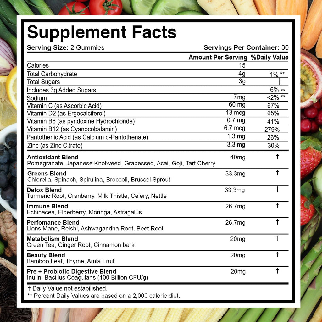 NutraPath Superfood Frutas y Verduras Gominolas (120 unidades), 12+ Superfrutas y 30 Verduras, Frutas y Hierbas, Vitaminas de Frutas y Verduras, No-GMO, a Base de Pectina, Sin Gluten