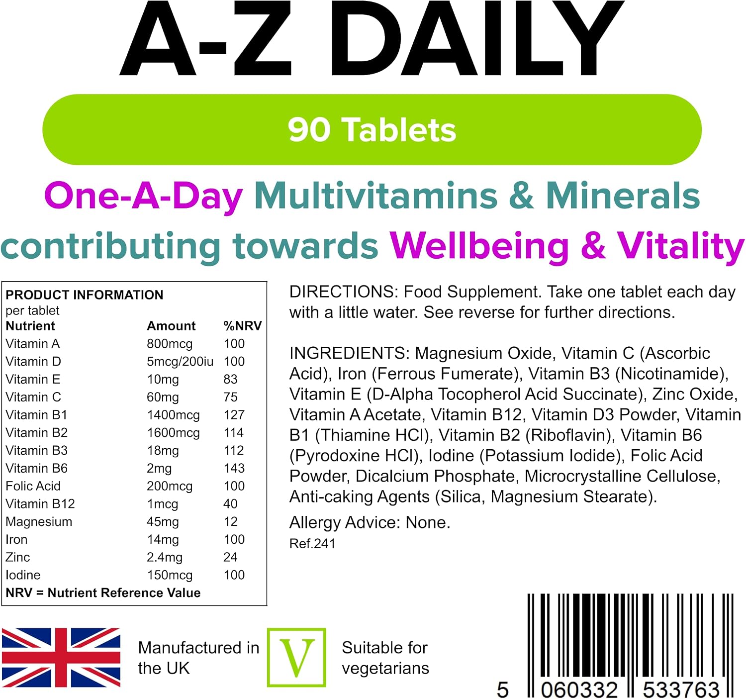 Multivitamínico A-Z Comprimidos diarios 90 Comprimidos de Lindens