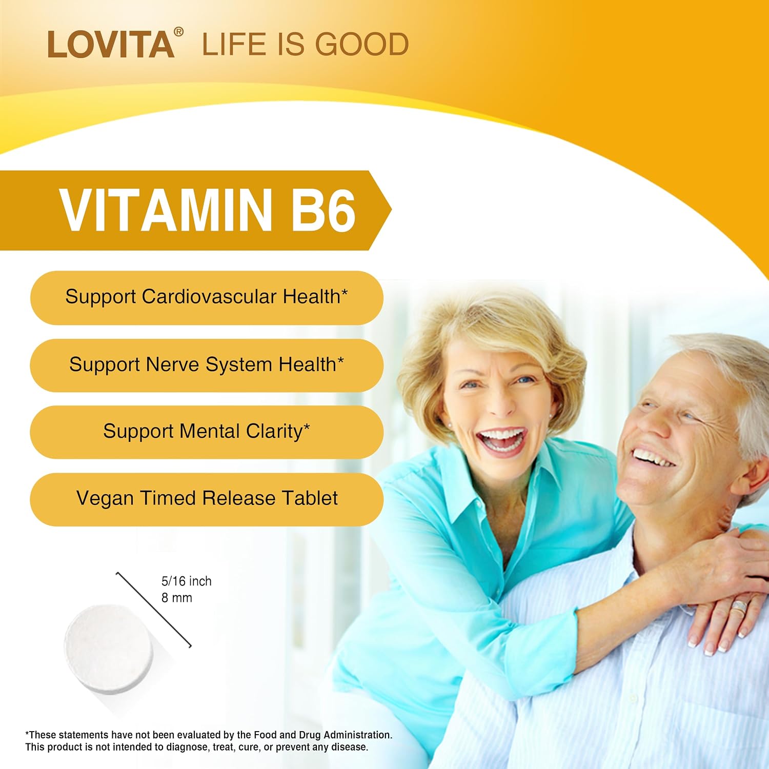 LOVITA Vitamin B6 (Clorhidrato de Piridoxina) 80mg, Liberación Prolongada 8 Horas, 130 Comprimidos Veganos