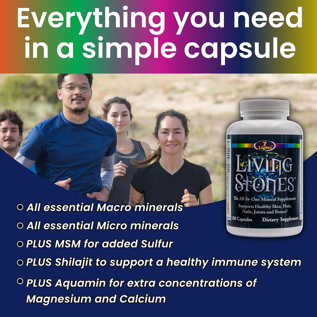 Living Stones, Suplemento Mineral Completo con Zinc, Calcio, Magnesio, Selenio, MSM y Shilajit (180 Cápsulas)