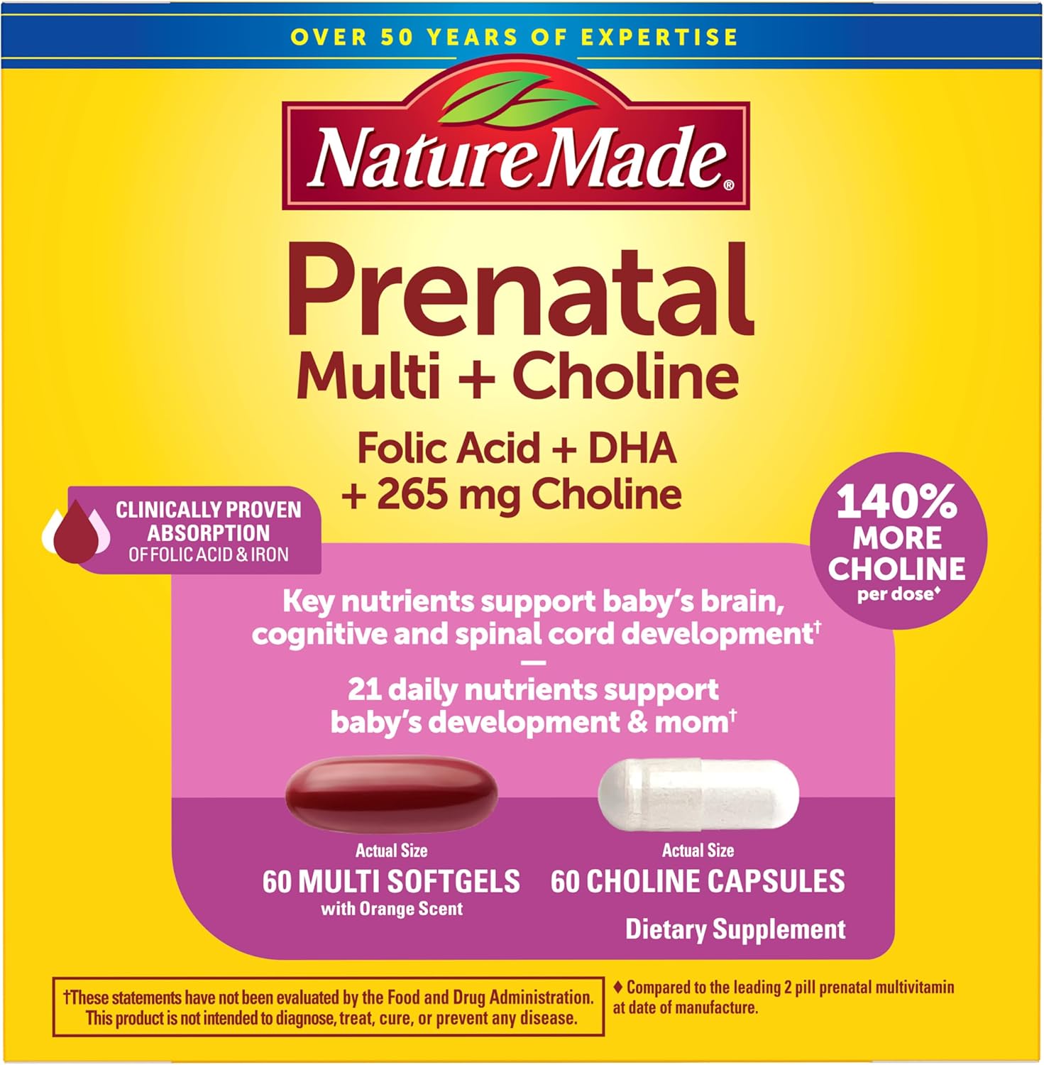 Nature Made Prenatal Vitamin Softgels + Choline Capsules, 60+60 Cápsulas