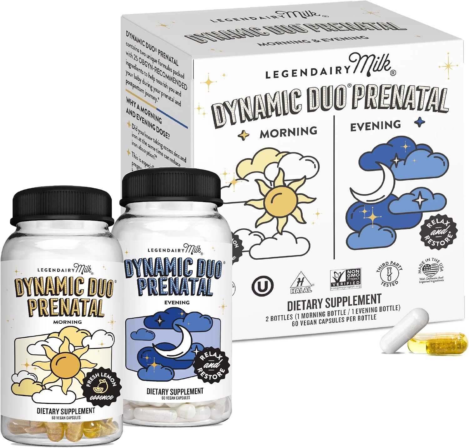 Legendairy Milk Dynamic Duo® Prenatal - Vitaminas Prenatales 2-en-1 con DHA y Folato Metilado - 25 Vitaminas y Minerales para Cada Etapa, 30 Días