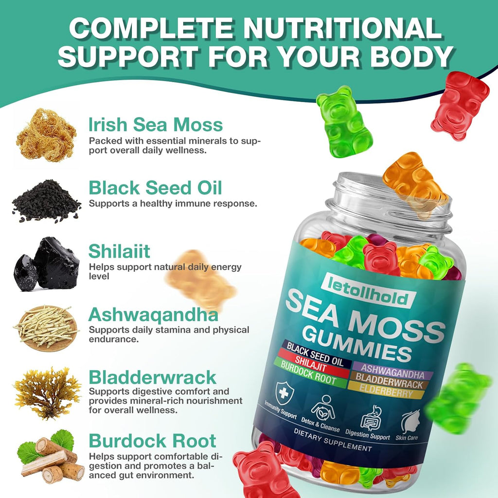 Sea Moss Gummies con Ashwagandha, Bladderwrack y Burdock Root - 60 Gominolas Veganas (2 Envases)