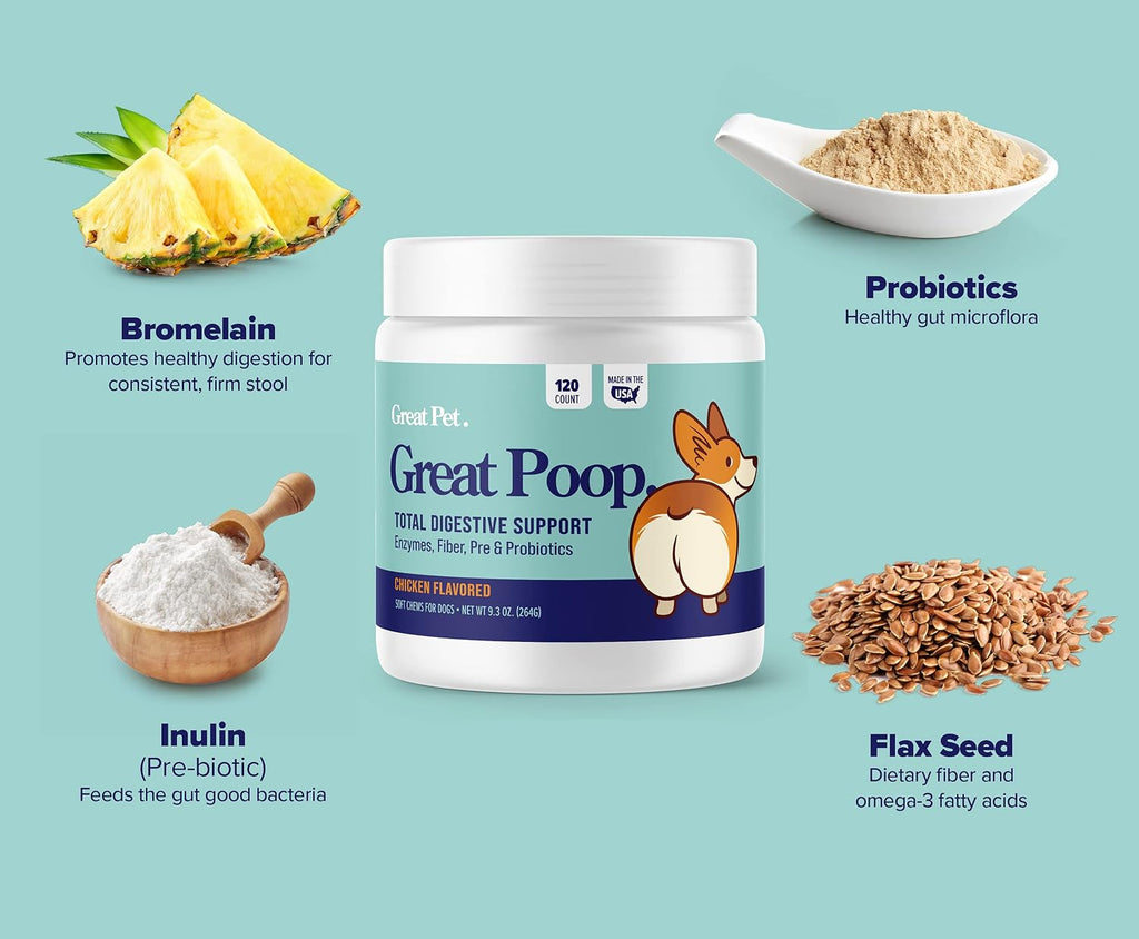 Probióticos para perros Great Poop - Fibra y enzimas digestivas para una salud intestinal óptima (120 masticables sabor pollo)