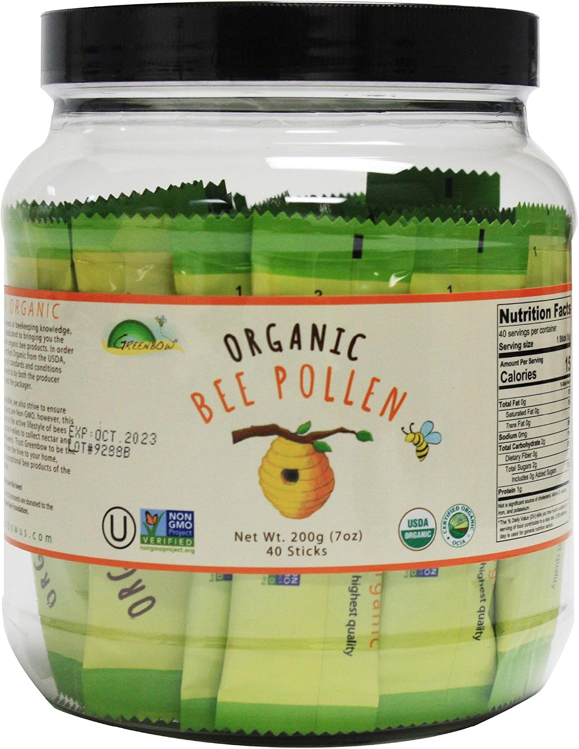 Greenbow Organic Bee Pollen - Polen de Abeja Orgánico Certificado USDA, No Transgénico, Halal, Kosher, GMP, Puro y Natural - Superalimento Rico en Proteínas, Vitaminas y Minerales - Sin Gluten - 5g x 40 sticks