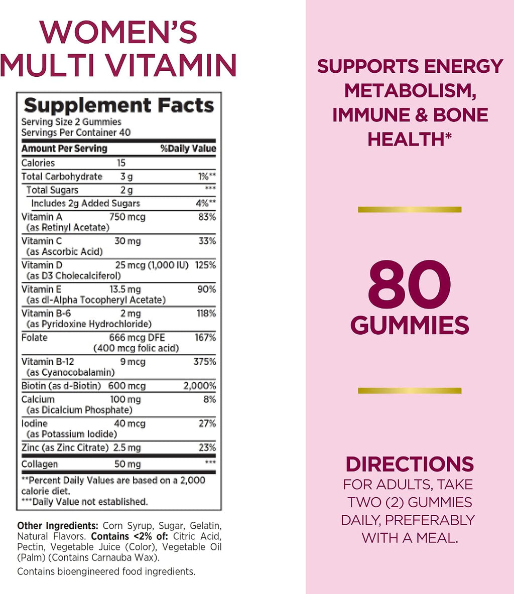 Nature's Bounty Optimal Solutions Multivitamínico para Mujeres, Gominolas de Frambuesa, 80 uds (Paquete de 2)