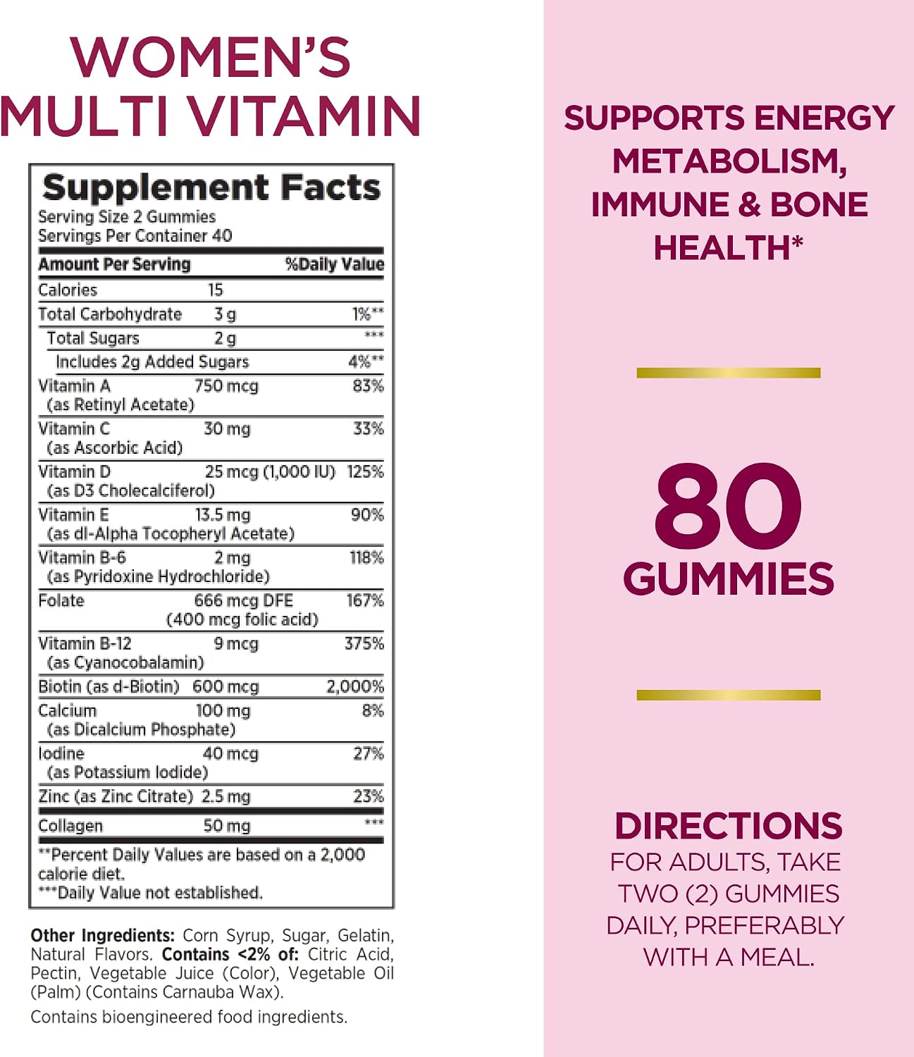 Nature's Bounty Optimal Solutions Multivitamínico para Mujeres, Gominolas de Frambuesa, 80 uds (Paquete de 2)