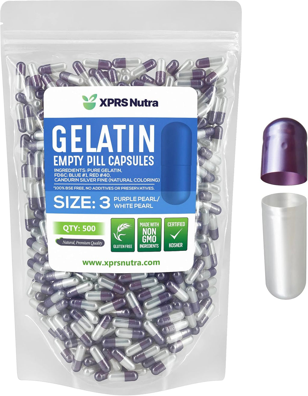 XPRS Nutra Empty Capsules Size 3 - 500 Count Bovine Gelatin | Empty Gelatin Capsules for Filling