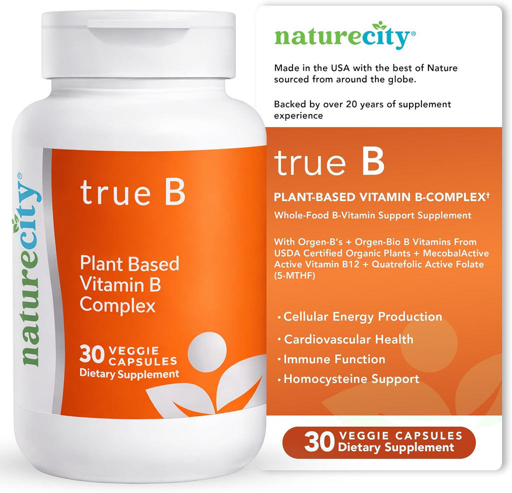 NatureCity True-B Complejo B Vegetal Super B Vitaminas - Alimentos Integrales Orgánicos con Folato Activo y Vitamina B12 - 30 Cápsulas Vegetales