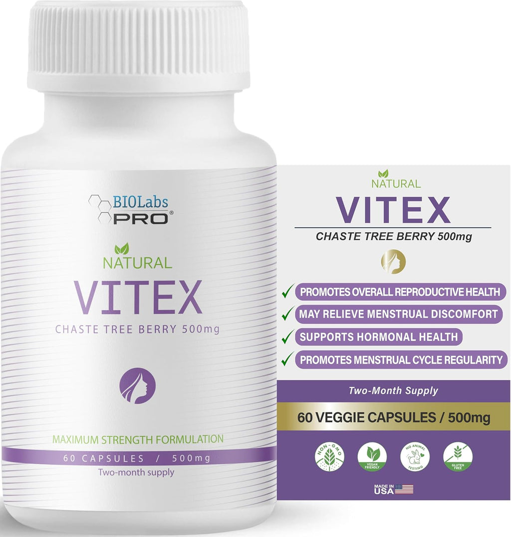BIOLABS PRO Suplemento Natural de Vitex (Sauzgatillo) para Mujeres - Extracto Puro de Baya de Sauzgatillo 500mg, Fórmula de Máxima Potencia, Cápsulas Veganas, Apoyo al Equilibrio Hormonal - (60 Cápsulas - 2 Meses)