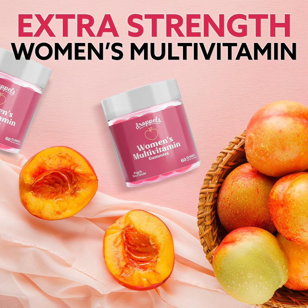 Droppels Gominolas Multivitamínicas para Mujer con Ácido Fólico, Vitaminas A, D, C, E, K, B6, B12, Biotina y Hierro - Vegano, No-GMO - 60 Gomitas Sabor Té de Melocotón