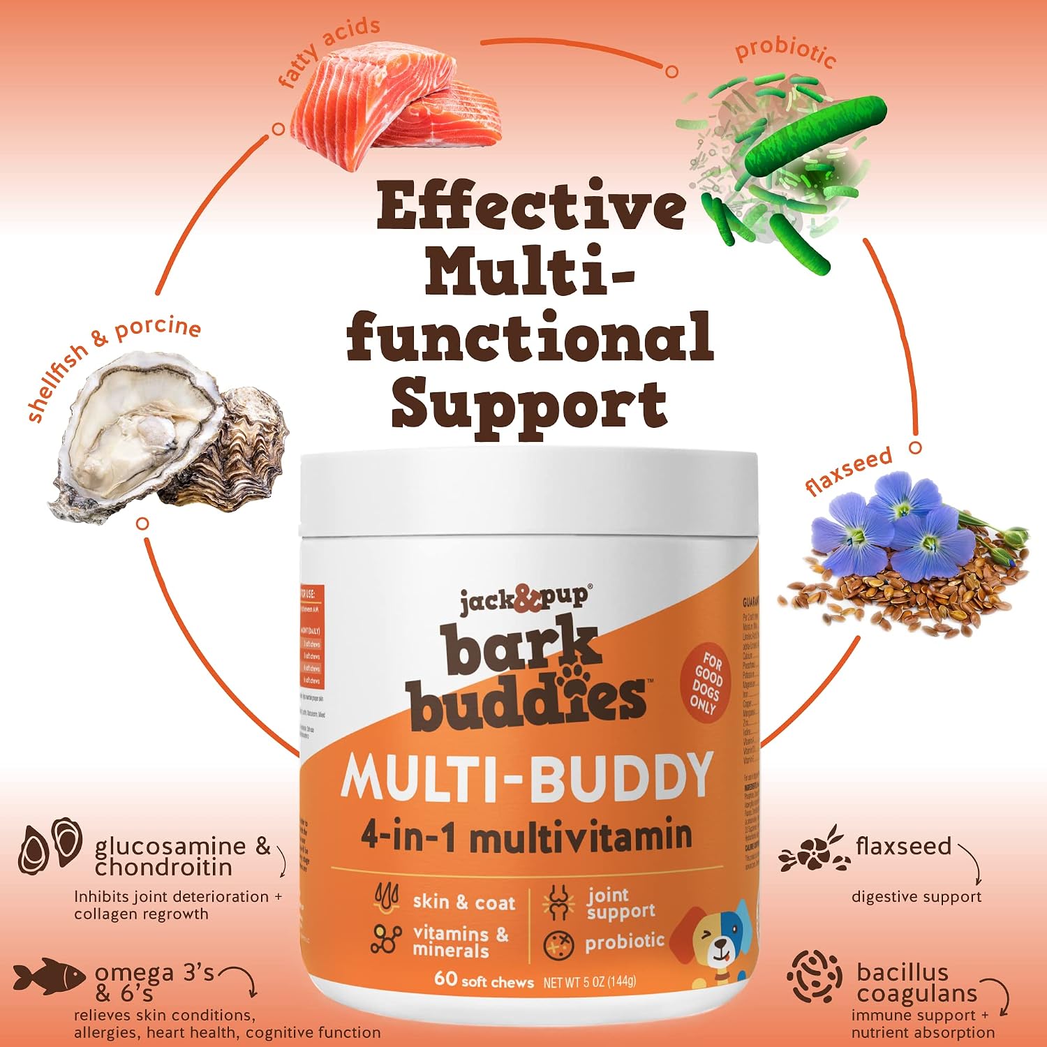 Jack&Pup Multivitamínico para Perros - Bark Buddies Multi-Buddy - Complemento masticable - 60 unidades
