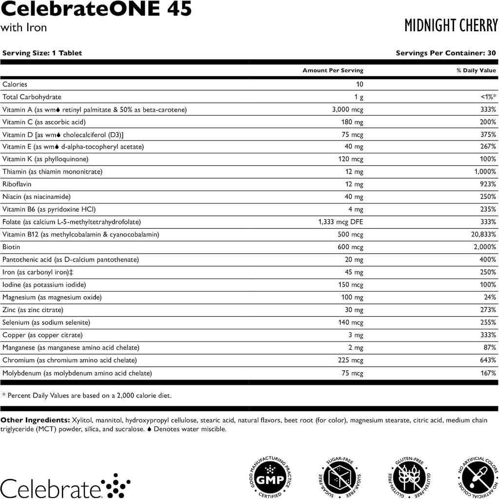 CelebrateONE 45 Multivitamínico Bariátrico con Hierro (45 mg) - 30 Comprimibles Sabor Cereza