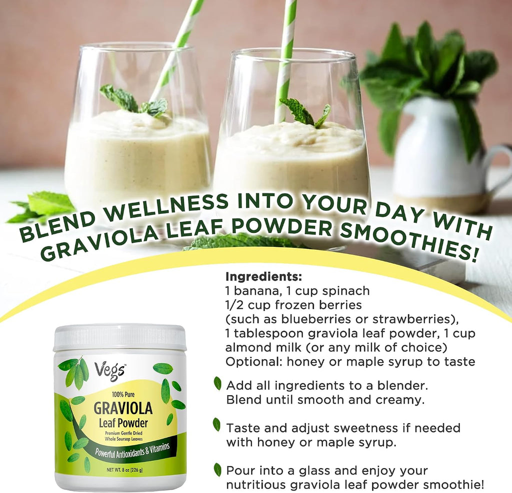 Vegs Graviola Soursop Leaf Powder - Polvo de Hojas de Graviola Orgánico, 8 oz (227 g)