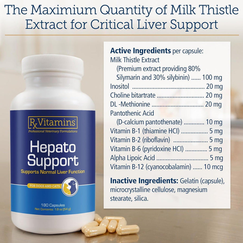 Rx Vitamins Hepato Support para Perros y Gatos - Complemento Hepático con Cardo Mariano y Vitamina B - 180 Cápsulas