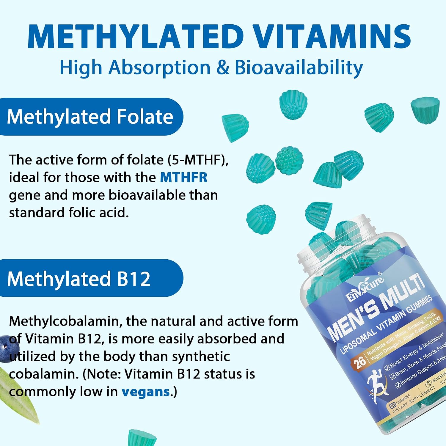Multivitamínico Metilado para Hombres en Gominolas - Omega 3 Vegano, CoQ10, Zinc, Vitaminas A, C, D3, K2, E, Complejo B, Calcio, Magnesio, Licopeno - Sin Azúcar, 120 Unidades