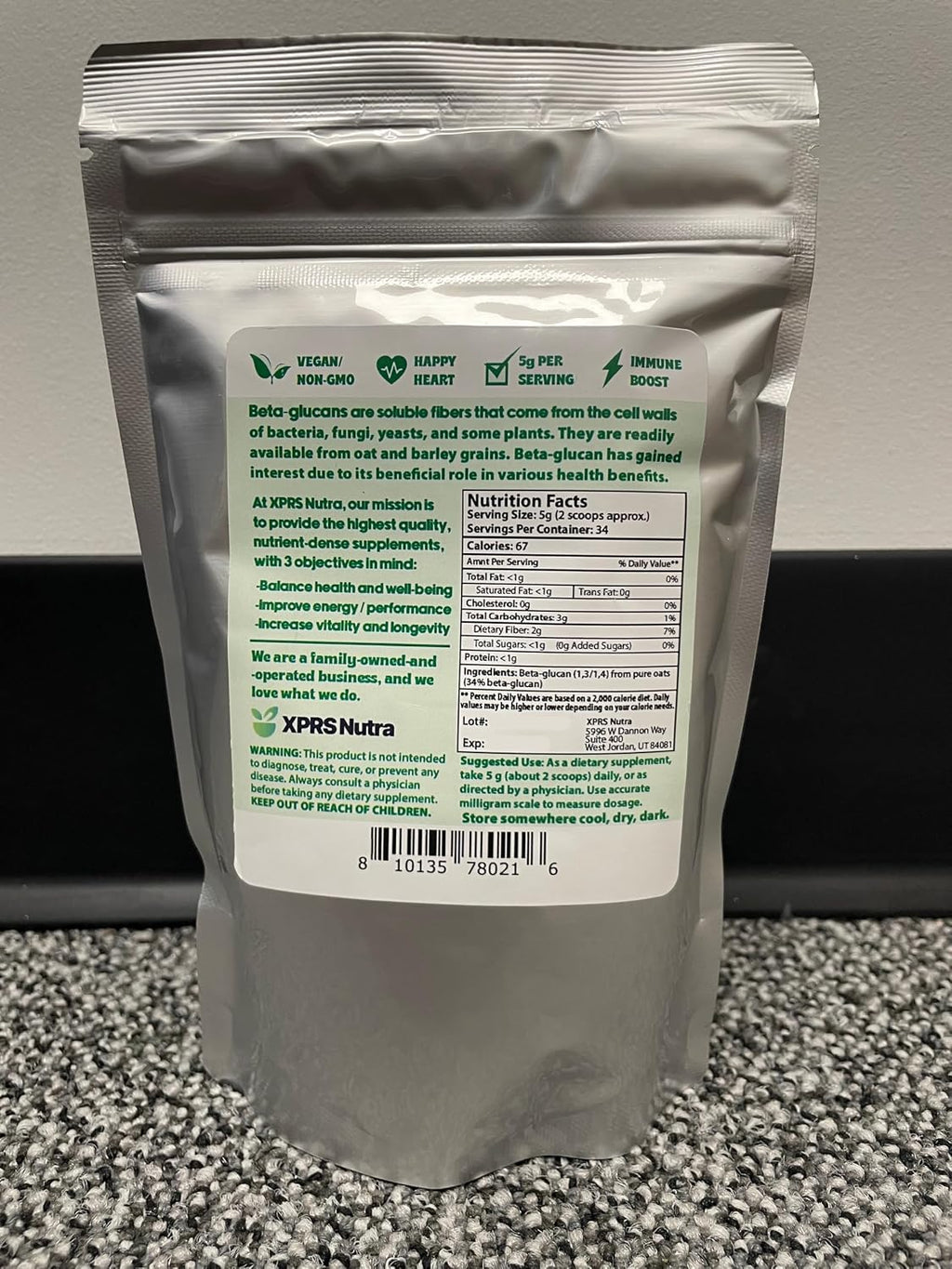 XPRS Nutra Polvo de Beta Glucano de Avena - Sin Sabor, No Transgénico, Vegano (170 g)
