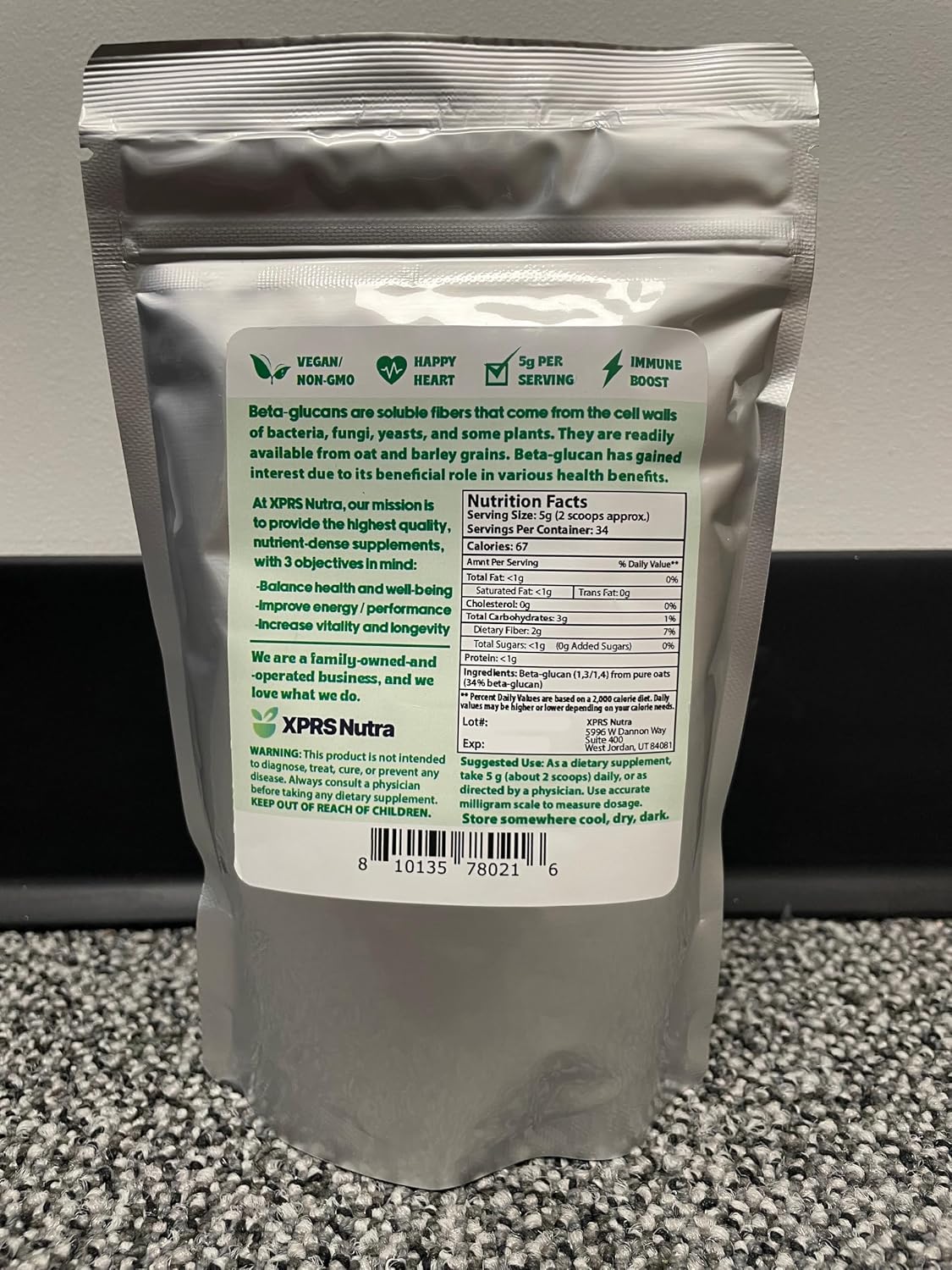XPRS Nutra Polvo de Beta Glucano de Avena - Sin Sabor, No Transgénico, Vegano (170 g)