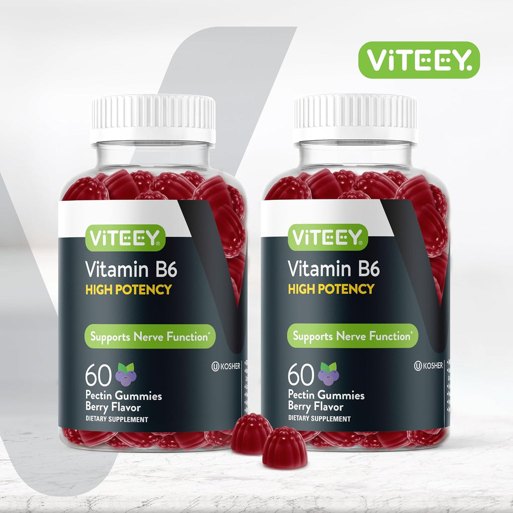 Viteey Vitamin B6 Gummies - 120 Gominolas con 100mg de Vitamina B6 - Energía, Sistema Nervioso y Estado de Ánimo - Vegano, Sin Gluten