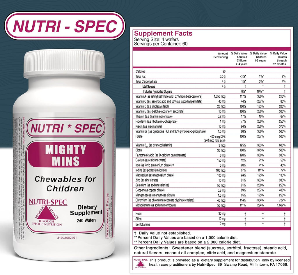 Nutri-Spec Mighty-Mins - Multivitamínico para niños con hierro en comprimidos masticables - Desde 6 meses hasta la adolescencia - 240 comprimidos