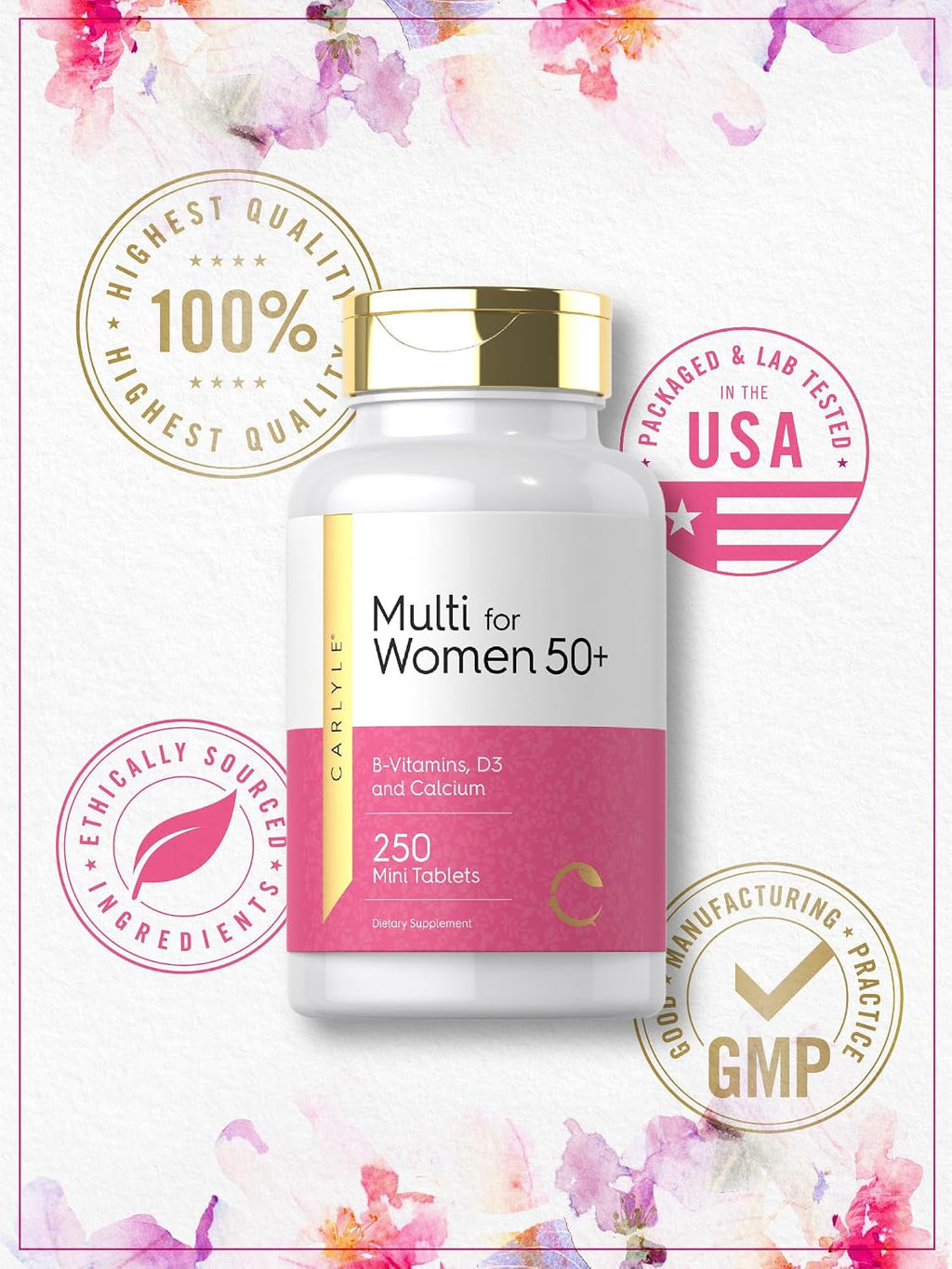 Carlyle Multivitamínico para Mujeres 50+ | 250 Mini Comprimidos | Con Vitaminas B, D3, Calcio y Folato | Sin Hierro | No Transgénico, Sin Gluten