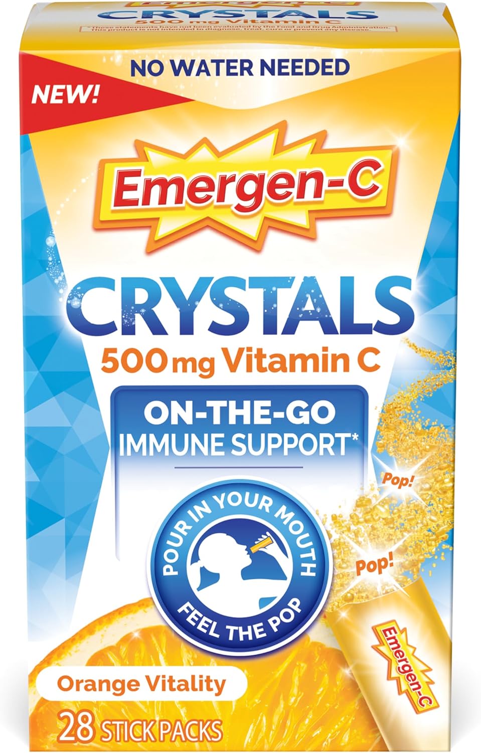 Emergen-C Crystals, On-the-Go, Suplemento de Vitamina C con Vitaminas B, Zinc y Manganeso, Sabor Naranja Vitalidad - 28 Sobres