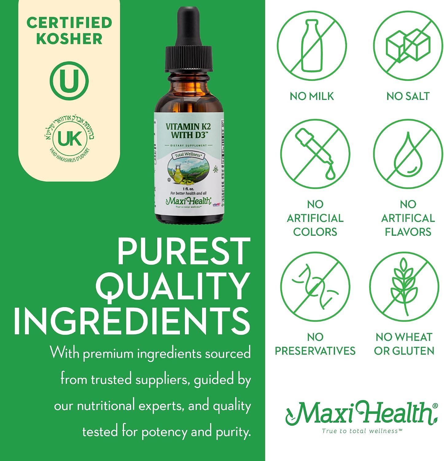 Maxi Health Liquid Vitamin D3 with K2 (MK-7) Drops - 30 ml