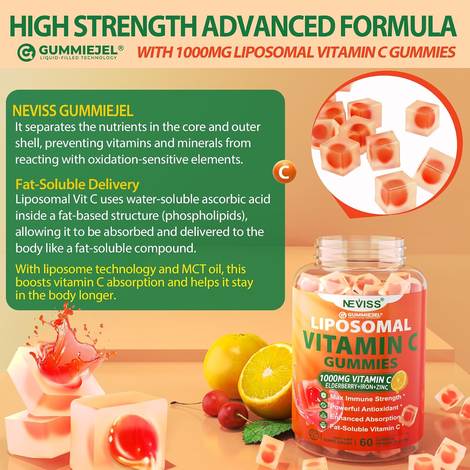 Liposomal Vitamin C 1000mg Gummies - Gomitas de Vitamina C Liposomal con Saúco, Zinc y Hierro, Sin Azúcar, 60 unidades