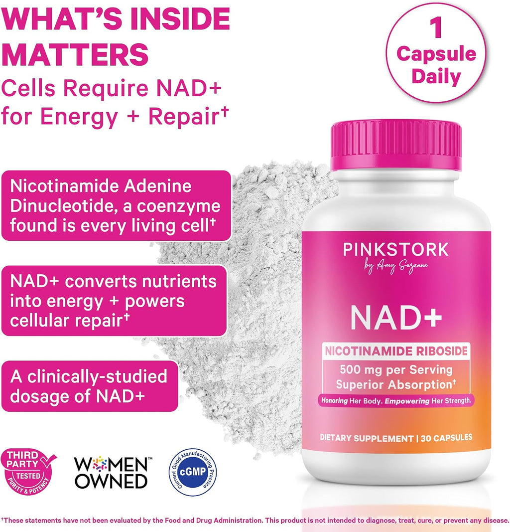 Pink Stork NAD+ Supplement for Women Over 30 | 500 mg Nicotinamide Riboside NR | 30 Cápsulas