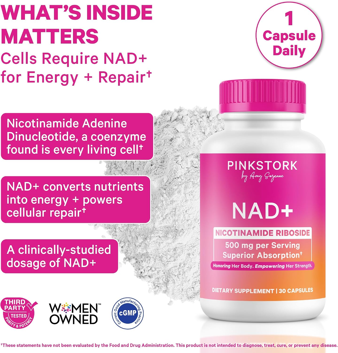 Pink Stork NAD+ Supplement for Women Over 30 | 500 mg Nicotinamide Riboside NR | 30 Cápsulas