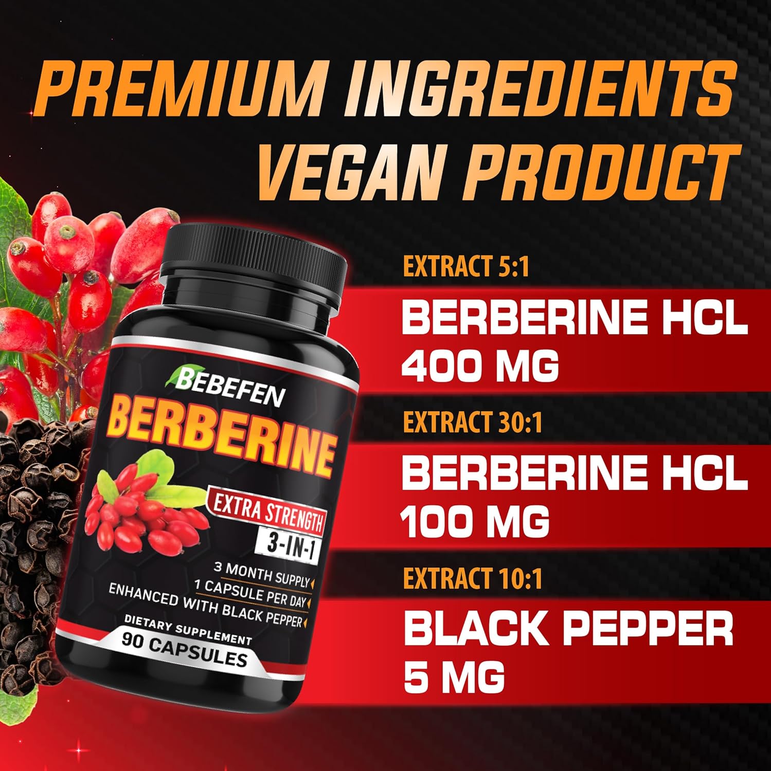 BEBEFEN Cápsulas de Berberina con Extracto de Pimienta Negra - 90 Cápsulas - Suministro para 3 Meses