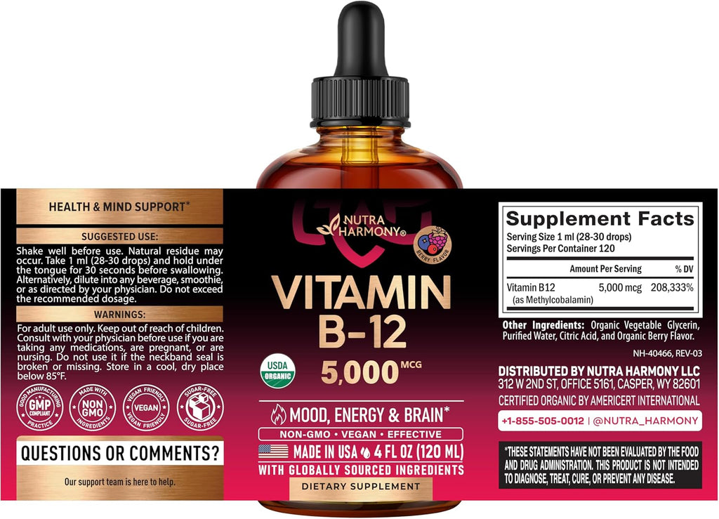 Vitamina B12 Sublingual Orgánica 5000 mcg - Metilcobalamina Líquida Vegana