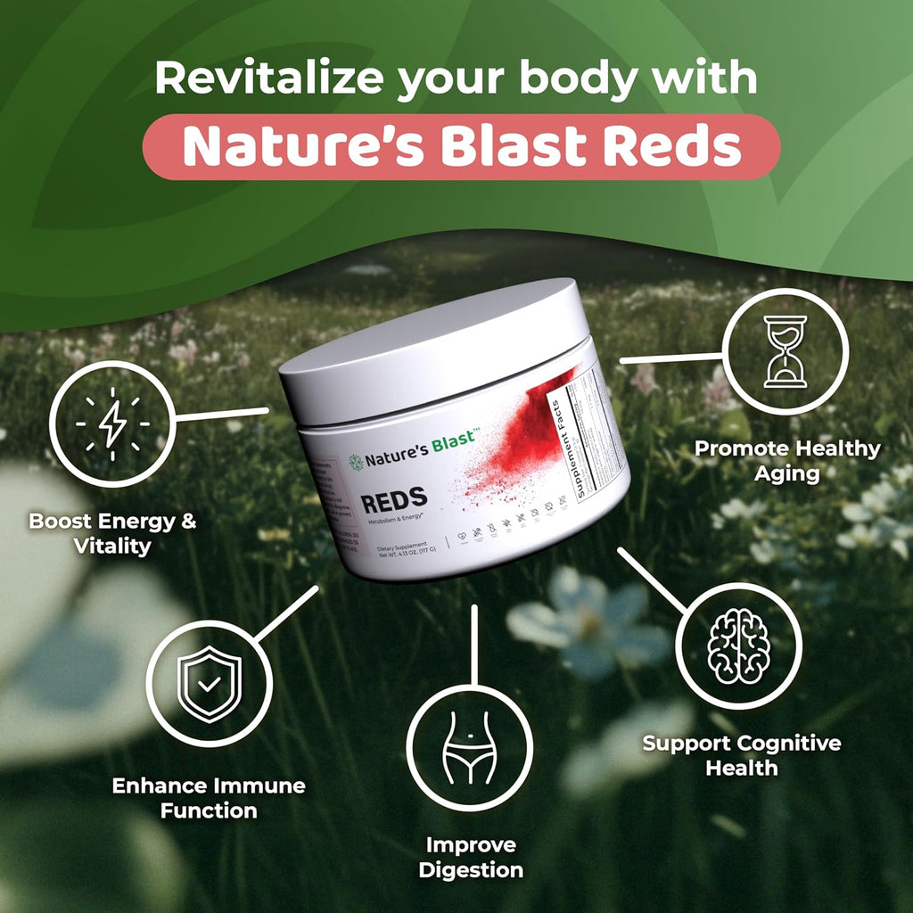 NATURES BLAST Reds - Superfood en Polvo con 23 Frutos Rojos, 4 Adaptógenos, Probióticos y Enzimas - Mezcla Vegana de Antioxidantes