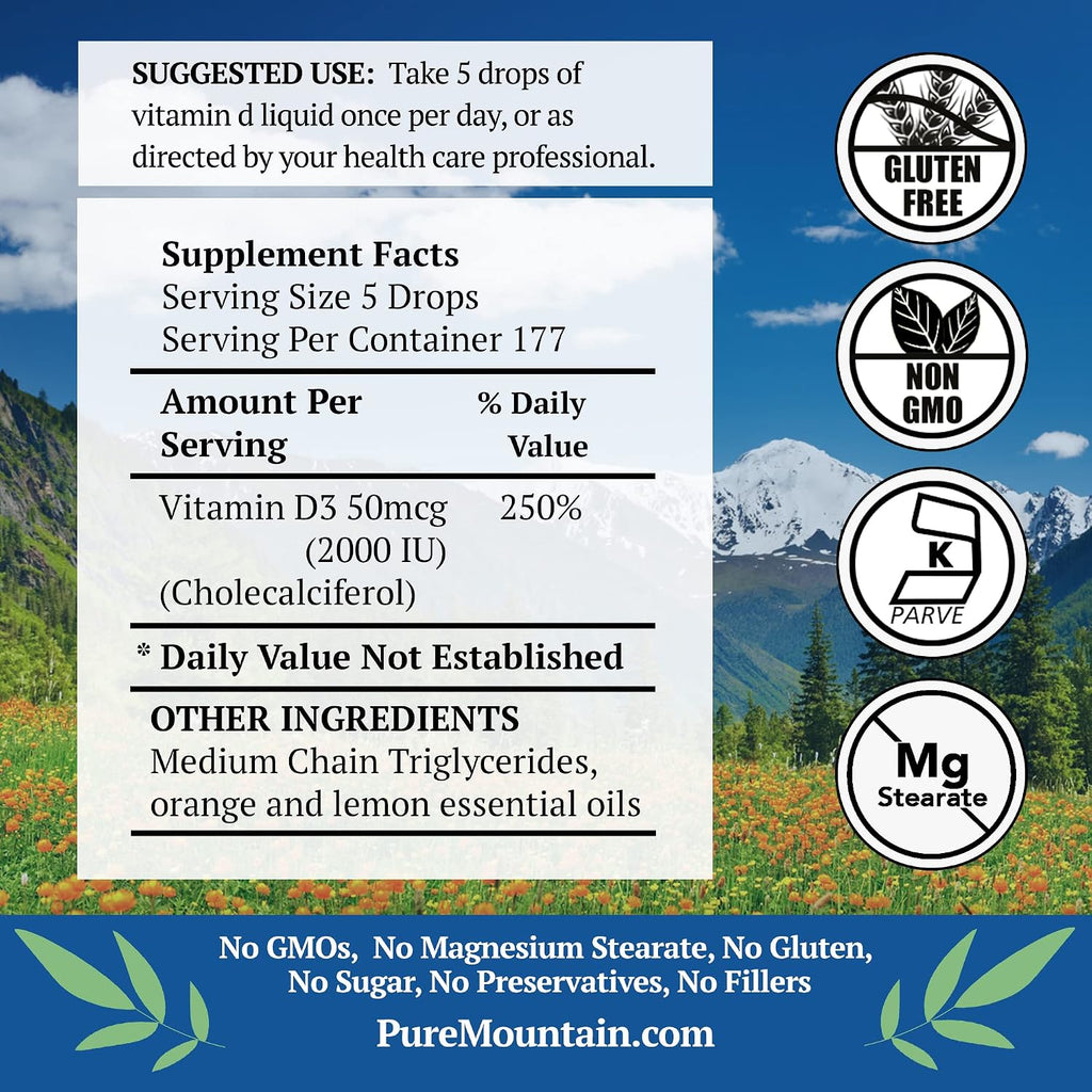 Pure Mountain Botanicals Vitamina D3 Líquida 2000 UI - Gotas con Sabor Natural a Naranja y Limón en Aceite MCT - 30 ml