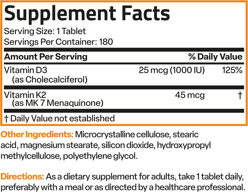 Bronson Vitamina K2 (MK-7) con D3 Dosis Baja 45 mcg K2 y 1000 UI D3 Comprimidos Mini para Mantenimiento Diario 2 en 1 No GMO, 180 Comprimidos
