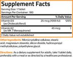Bronson Vitamina K2 (MK-7) con D3 Dosis Baja 45 mcg K2 y 1000 UI D3 Comprimidos Mini para Mantenimiento Diario 2 en 1 No GMO, 180 Comprimidos