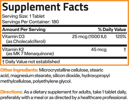 Bronson Vitamina K2 (MK-7) con D3 Dosis Baja 45 mcg K2 y 1000 UI D3 Comprimidos Mini para Mantenimiento Diario 2 en 1 No – Image 8