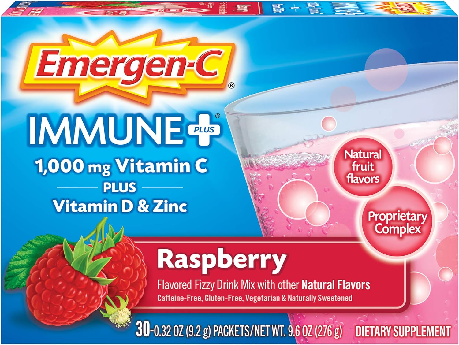 Emergen-C Immune+ Vitamina C 1000 mg, con Vitamina D, Zinc y Antioxidantes, Sabor Frambuesa - 30 Sobres