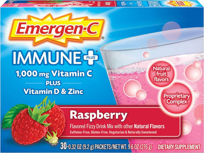 Emergen-C Immune+ Vitamina C 1000 mg, con Vitamina D, Zinc y Antioxidantes, Sabor Frambuesa - 30 Sobres – Image 1