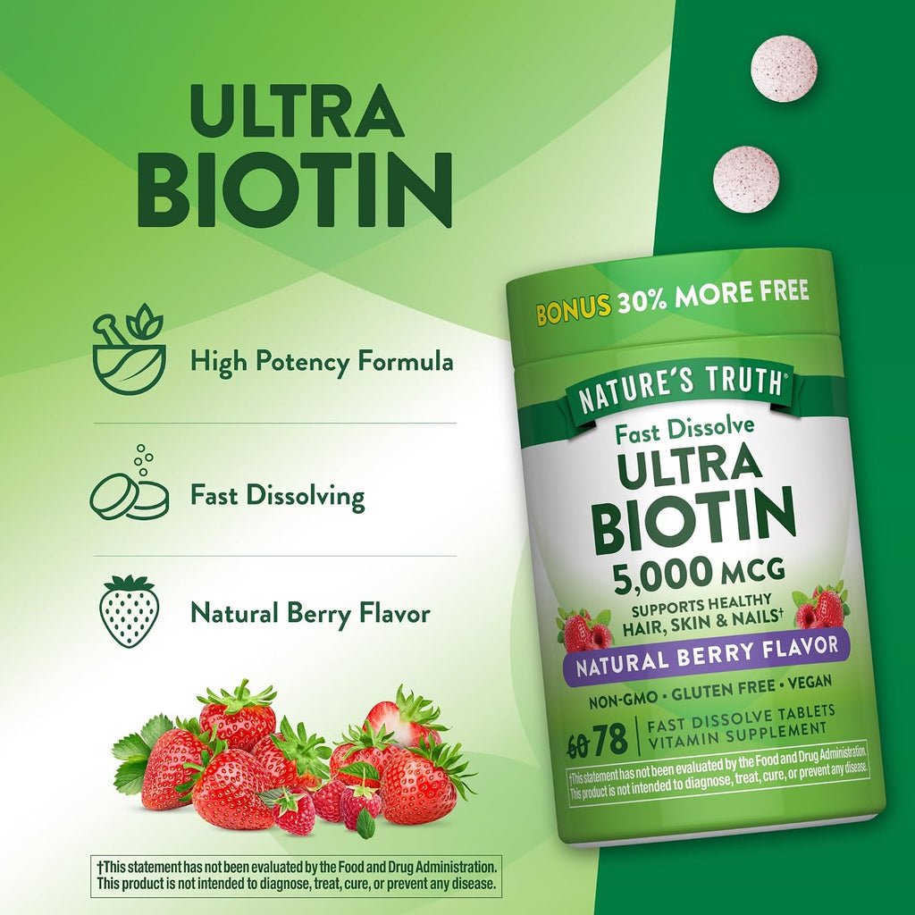 Nature's Truth Biotina 5000 mcg Comprimidos Sublinguales Sabor Berry - 78 uds
