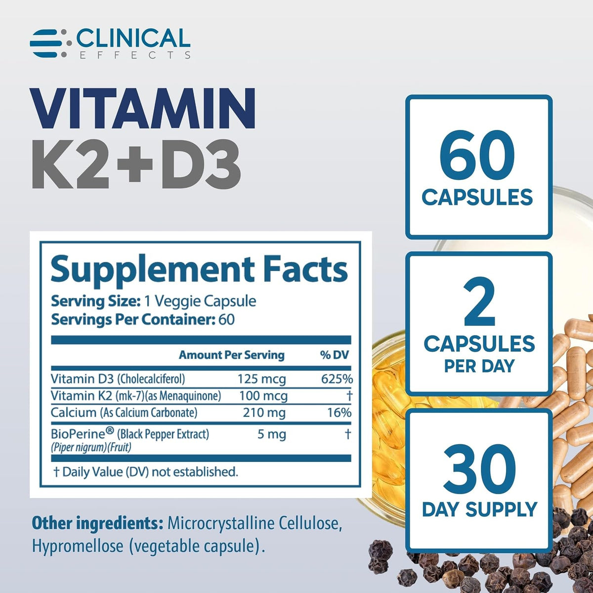 Clinical Effects Vitamina K2 + D3 - Suplemento con Bioperina y Calcio para el Mantenimiento de los Huesos - 60 Cápsulas - – Image 6