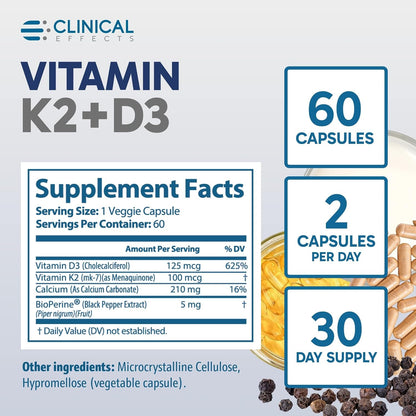 Clinical Effects Vitamina K2 + D3 - Suplemento con Bioperina y Calcio para el Mantenimiento de los Huesos - 60 Cápsulas - – Image 6