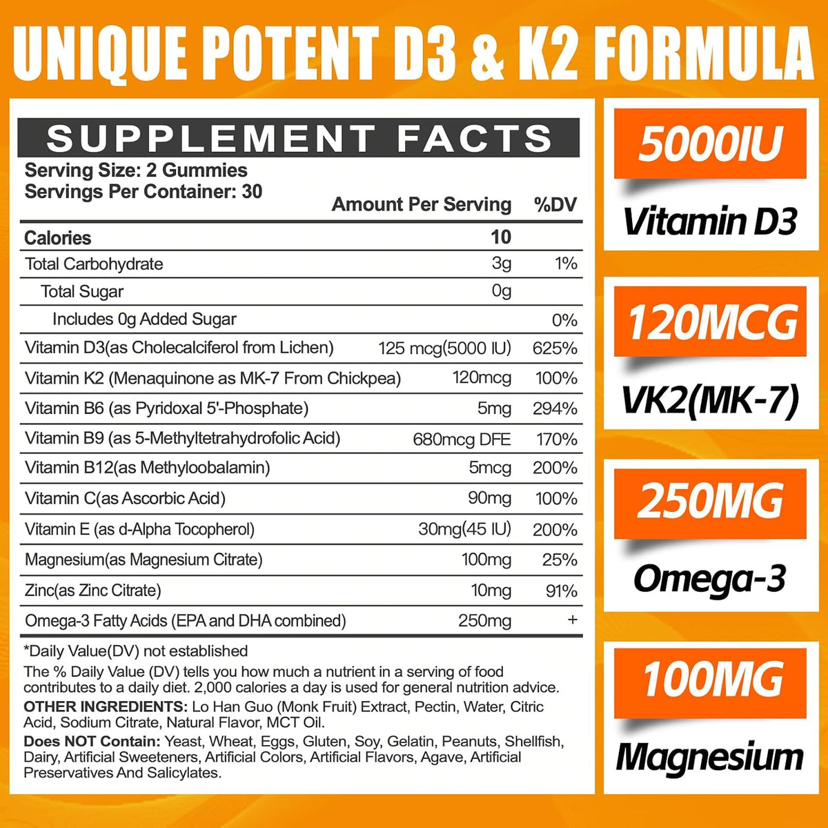 Maennyliy Vitamin D3 K2 Gummies - 5000IU D3 + 120mcg K2 (MK-7) - Sin Azúcar con Omega-3, Metil B12, B9, B6, Vitamina C, E, – Image 2