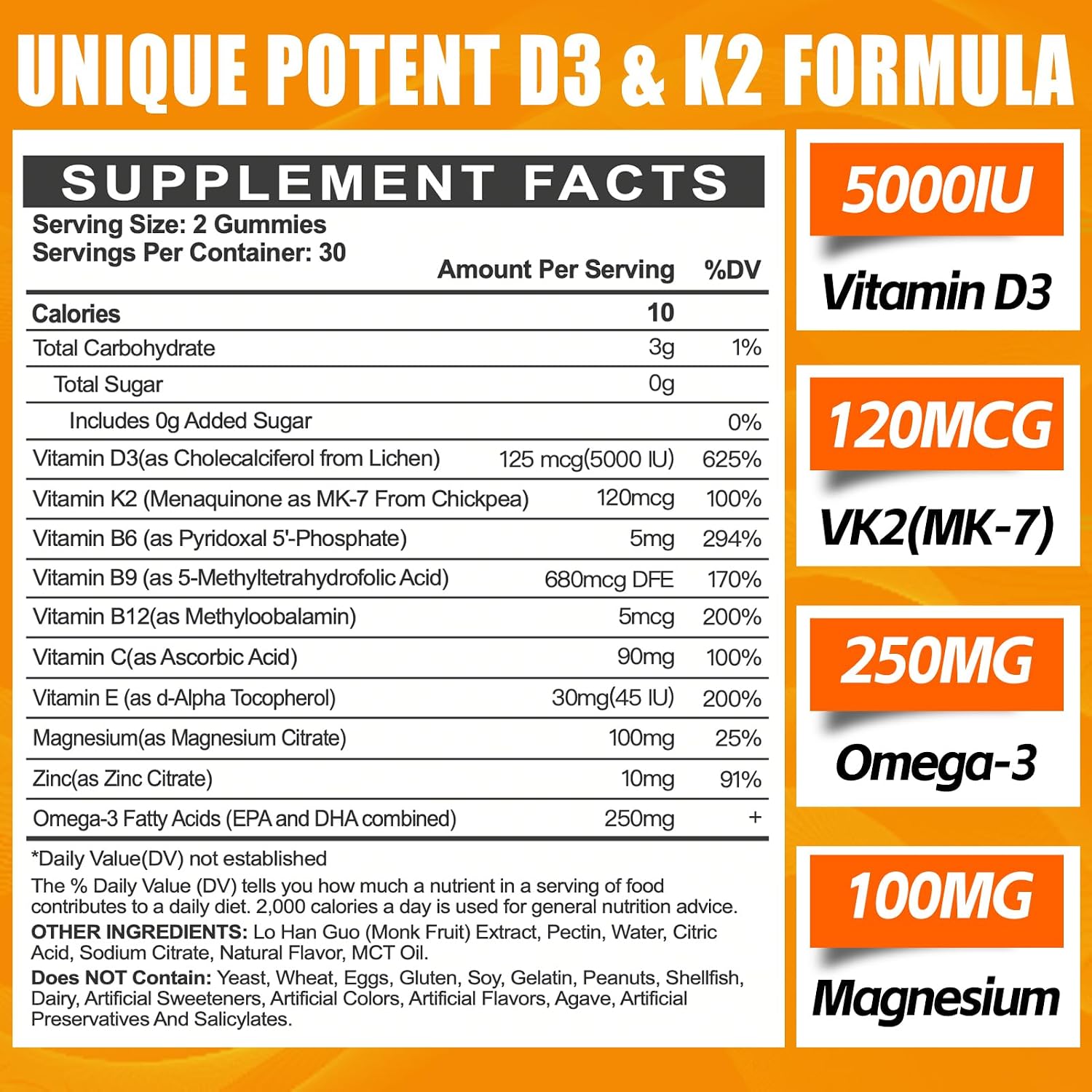 Maennyliy Vitamin D3 K2 Gummies - 5000IU D3 + 120mcg K2 (MK-7) - Sin Azúcar con Omega-3, Metil B12, B9, B6, Vitamina C, E, Magnesio y Zinc
