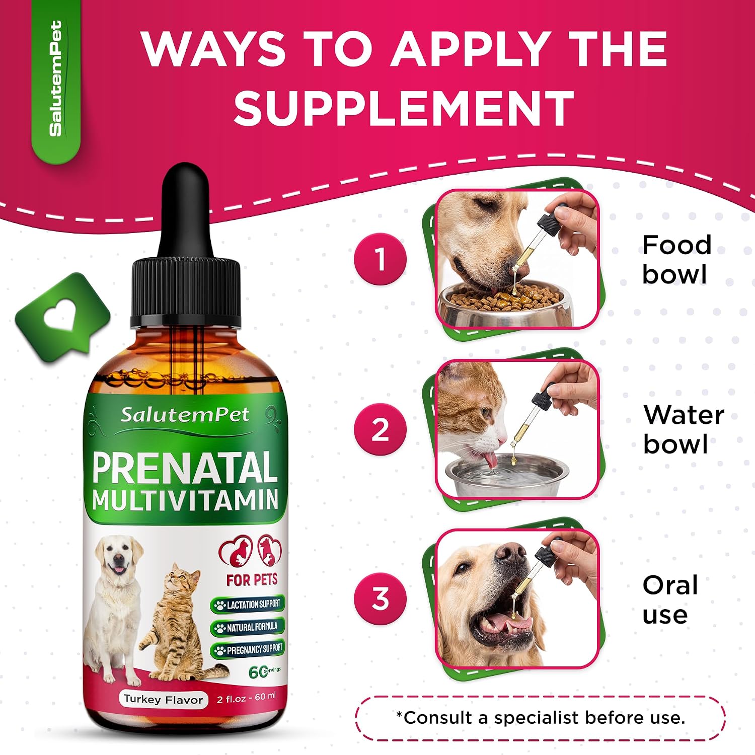 SalutemPet Vitaminas Prenatales para Perras y Gatas – Suplemento Multivitamínico Líquido – 60 ml