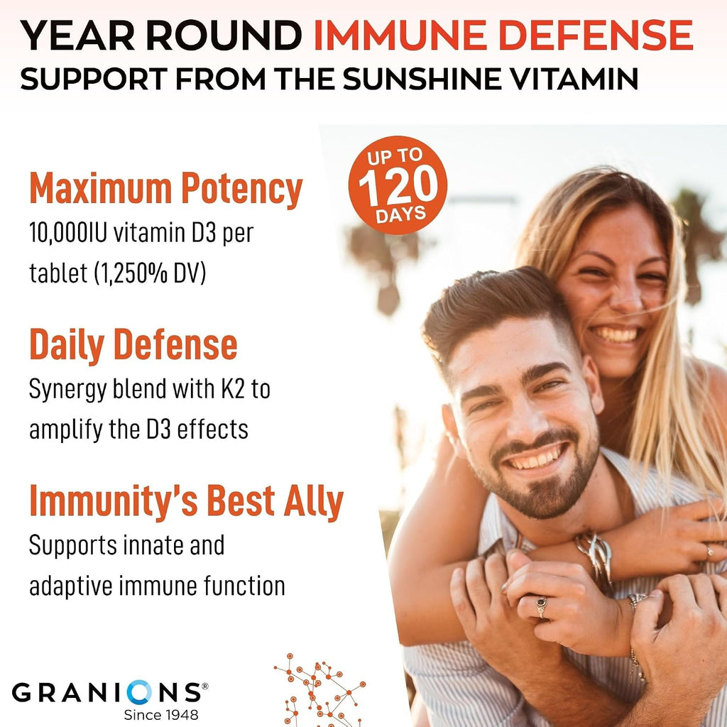 Granions Max Strength Vitamina D3 K2 10.000 UI + 200 mcg MK-7, 60 Comprimidos