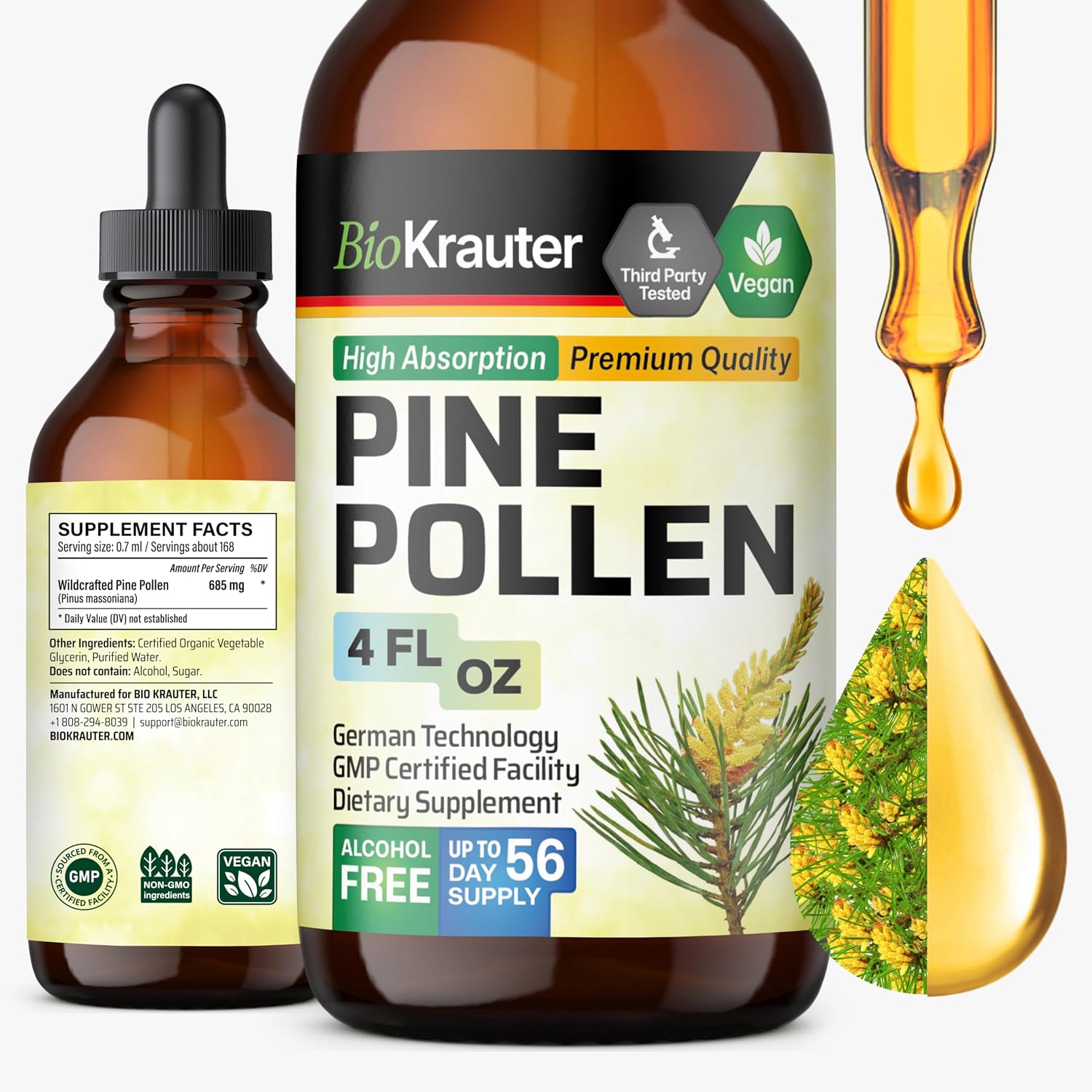BIO KRAUTER® Polen de Pino para Hombres - Tintura Vegana Pura, 685 mg por ración, 118 ml (56 Días)