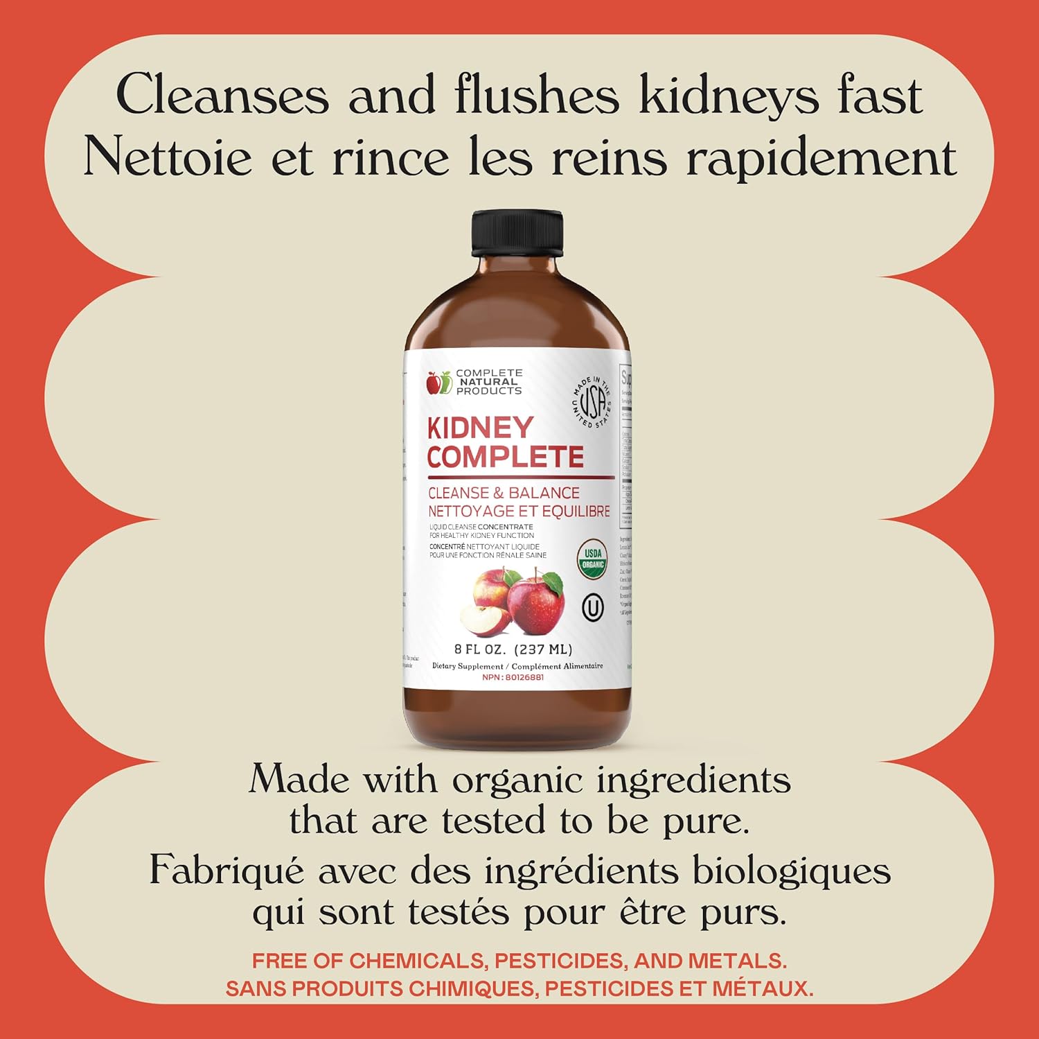 Complete Natural Products Kidney Complete - Líquido Orgánico de 240 ml con Vinagre de Manzana, Limón y Chanca Piedra