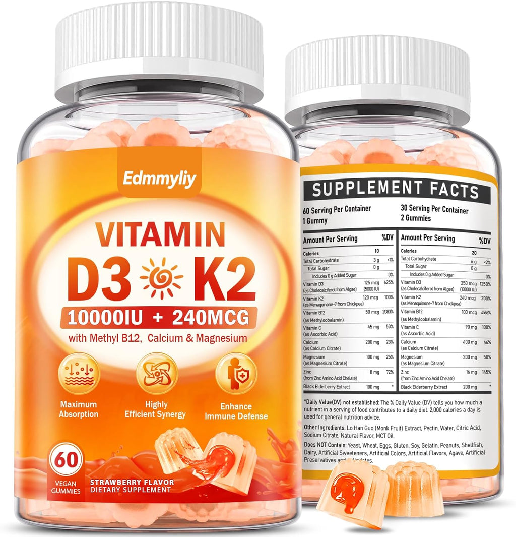 Suplemento de Vitamina D3 10000IU para Adultos - Gominolas de Vitamina D3 5000IU / 10000IU con K2, Metil B12, Calcio, Magnesio, Zinc y Saúco para Mujeres y Hombres - Sin Azúcar, Vegano